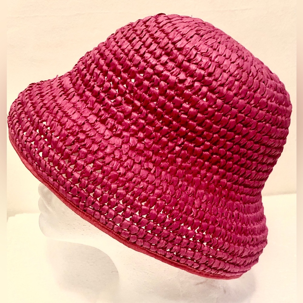 Pink Woven Crochet Bucket Sun Hat Rafiia Raffia Natural Straw